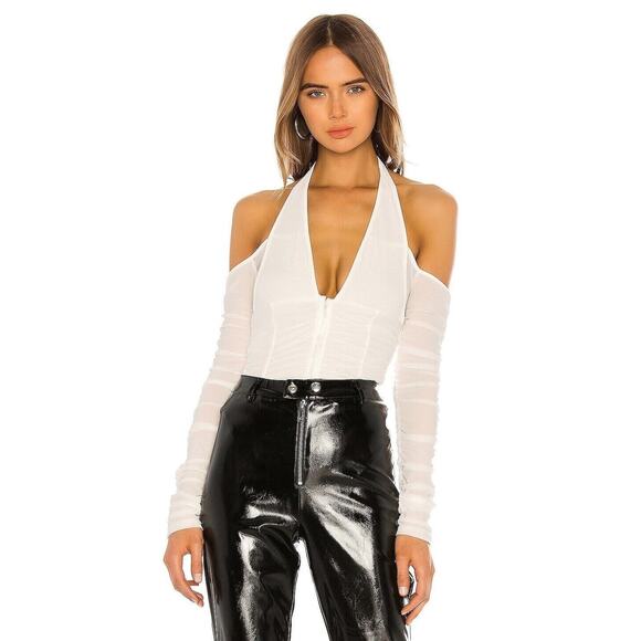 I.AM.GIA Diego Ruched Cold Shoulder Halter Mesh Top NEW White Womens L Large - Picture 2 of 10